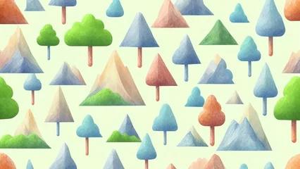Fotobehang Bergen Naadloos landschapspatroon voor kinderen ontworpen met bergen en ballonnen.