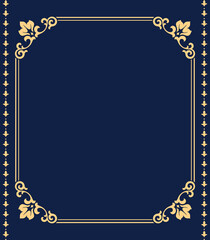 Fototapeta na wymiar Decorative frame Elegant vector element for design in Eastern style, place for text. Floral golden and dark blue border. Lace illustration for invitations and greeting cards