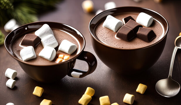professional food photography close up of a cup of hot chocolate with marshmallows in it, on a wooden table  - AI Generated