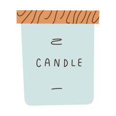 Scented candle in glass jar with wood lid, modern home interior decoration, scented candle isolated on white background. Vector hand drawn illustration