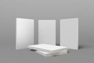 5 book models standing upright on a gray background. 3d realistic render soft cover book mockup. Mockup of book with white cover on isolated background.