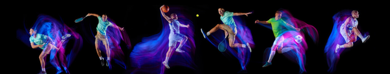 Collage. Tennis, football and basketball athletes training, playing isolated over black background in neon with mixed lights. Development of movements