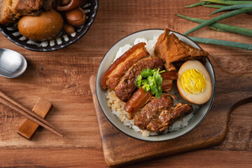 Braised pork belly over cooked rice, famous and delicious street food in Taiwan.