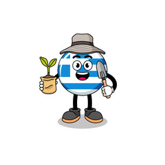 Illustration of greece flag cartoon holding a plant seed