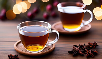 advertising professional food photography close up of two glasses of hot tea on a wooden table  - AI Generated