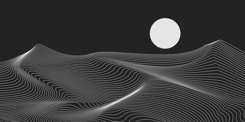 black and white line desert and moon background