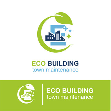 Initial E Letter Eco Building Town Maintenance Building Exterior Company Logo Design Idea Template. Home and Building Cleaning Service