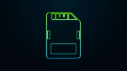 Glowing neon line SD card icon isolated on black background. Memory card. Adapter icon. 4K Video motion graphic animation