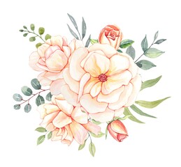 Floral watercolor bouquet with delicate blush roses and leaves , isolated on white background