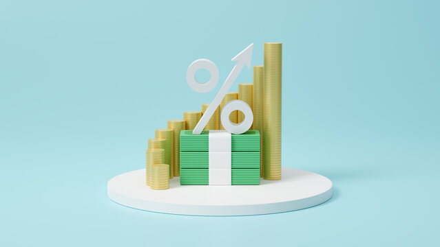 Increasing arrow and stack of money as financial saving rising concept on white podium, increasing of interest rates, financial concept and business profit growth concept, 3d rendering illustration.