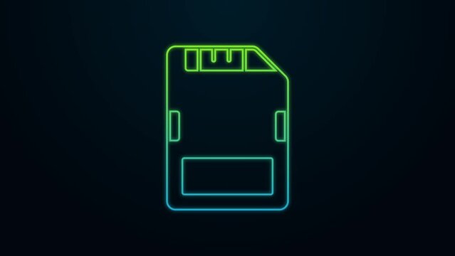 Glowing neon line SD card icon isolated on black background. Memory card. Adapter icon. 4K Video motion graphic animation
