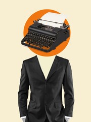 Business man in suit with typewriter on his head