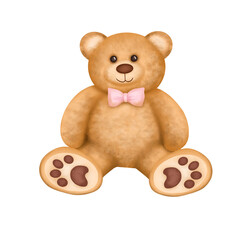 Cute soft bear with pink bow, isolated hand drawn illustration	
