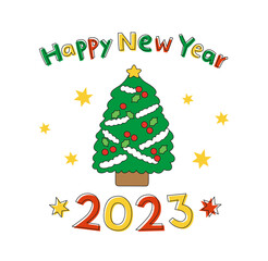 decorated christmas tree with happy new year 2023 text, star