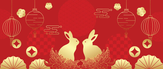 Oriental Japanese and Chinese luxury style pattern background vector. Golden rabbit, oriental lantern, flowers on chinese pattern red background. Design for Chinese new year , card, poster.