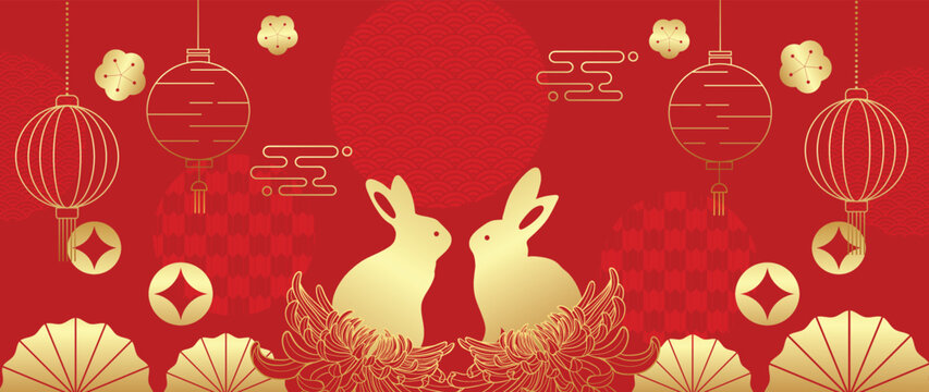 Oriental Japanese And Chinese Luxury Style Pattern Background Vector. Golden Rabbit, Oriental Lantern, Flowers On Chinese Pattern Red Background. Design For Chinese New Year , Card, Poster.