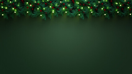 Christmas background. Border of Christmas tree branches decorated with balls and lights. 3D render
