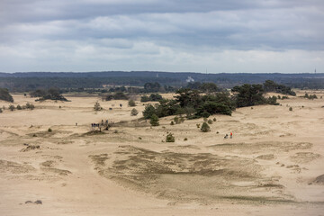 Dutch landscape with people on a sandy plain, trees and a cloudy sky