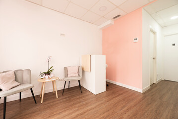 Obraz na płótnie Canvas Reception desk of a beauty salon with treatment booths and a waiting room with gray velvet armchairs, a wooden side table and white and pink painted walls