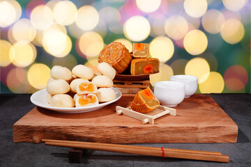 Mooncakes and Mochi for Chinese Festivals gloomy background