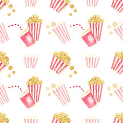 popcorn and soda watercolor seamless pattern