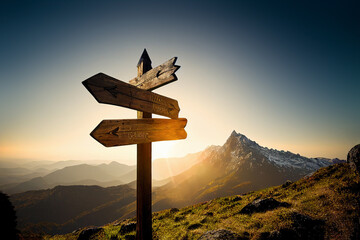 wooden signpost in the mountain - obrazy, fototapety, plakaty