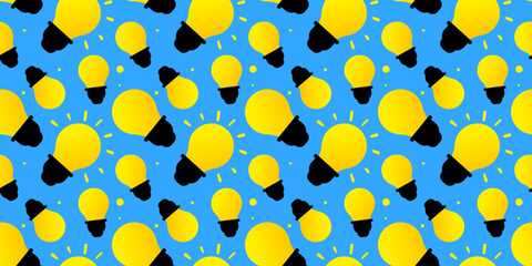 Vector illustration of yellow light bulb on blue color background. Design of seamless pattern with glow light bulb