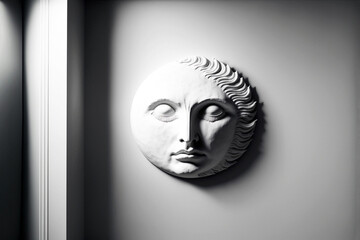 Abstract moon shaped face in relief as a wall ornament. Moon in white series. Generative AI art.