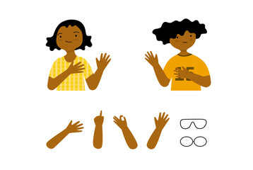 Set of cartoon boy and girl with hand gestures isolated, Happy kid's character. Modern flat vector illustration.