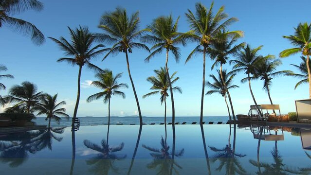 Luxury swimming infinity pool in hotel and resort at sunset. Beautiful reflection of coconut palm trees on the surface of calm water