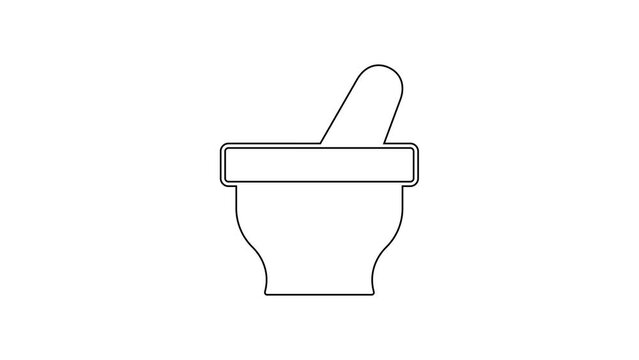 Black line Mortar and pestle icon isolated on white background. 4K Video motion graphic animation