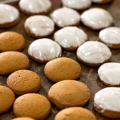 Baking holiday cookies. Jingerbread on fabric background. Dessert for home celebration. Decorated christmas pastries with glaze. Soft focus. Close-up.