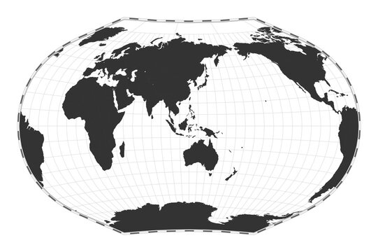 Vector world map. Ginzburg V projection. Plan world geographical map with latitude/longitude lines. Centered to 120deg W longitude. Vector illustration.
