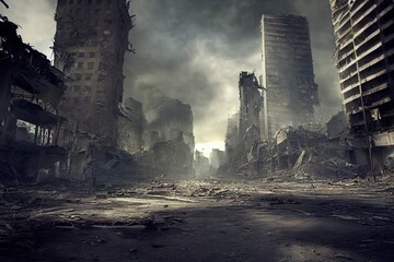 A post-apocalyptic ruined city. Destroyed buildings, destroyed roads, blown up skyscrapers. The concept of the apocalypse. Generative AI - 553743113