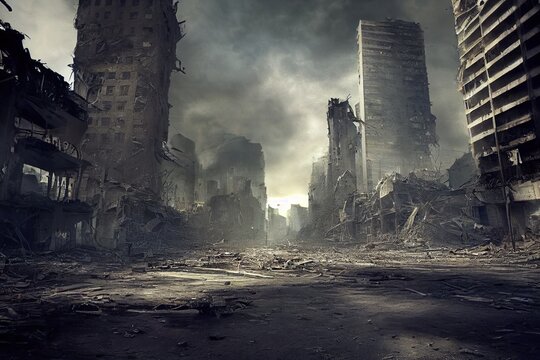 A post-apocalyptic ruined city. Destroyed buildings, destroyed roads, blown up skyscrapers. The concept of the apocalypse. Generative AI