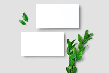 Mockup one cutaway, discount, business card on a grey minimalism background and green leaves branch with copy space. Template for design