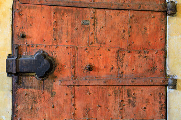 Closed antique door. Background with selective focus and copy space