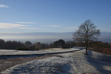 the clent hills covered in frost and ice at the start of a cold winter in the west midlands