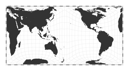 Vector world map. Gringorten square equal-area projection. Plan world geographical map with latitude/longitude lines. Centered to 180deg longitude. Vector illustration.