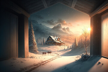 Fototapeta na wymiar Christmas winter cabin in the snow,nature winter landscape , Generative AI