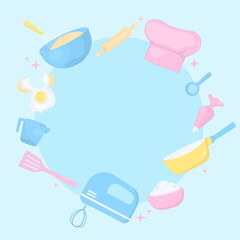 Kitchen utensil and chef hat on blue background