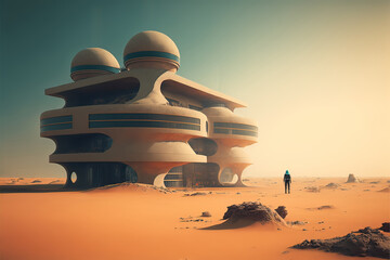 Futuristic architecture on a Mars like, red planet with metallic habitation structures, domes, transportation tubes on a mountain background for space exploration. Generative AI