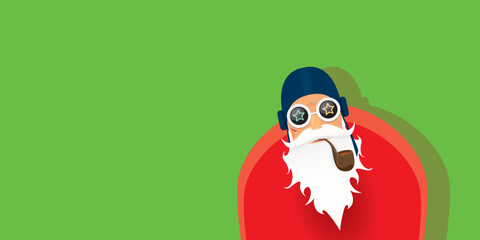 vector modern rock n roll santa claus with smoking pipe, santa beard and funky hat isolated on green christmas horizontal banner background with snowflakes. Horizontal Christmas hipster party poster