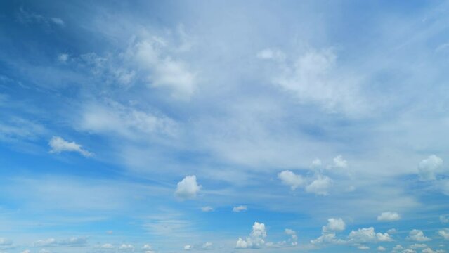 Soft white clouds moving on blue sky background. Tropical summer or spring sunlight. Daytime. Timelapse.