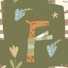 Kids Seamless Pattern with Cartoon Animals - Giraffe and Zebra