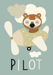 Nursery Wall Art Cute Poster with Funny Bear on Plane © alisa_rut