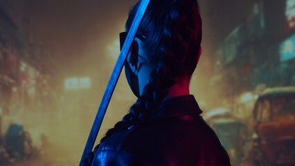 Cyberpunk ninja girl in a mask and with a katana. Beautiful female samurai woman on the background...