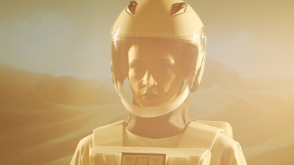 A woman astronaut in a spacesuit explores another planet. Young female cosmonaut in space suit on...