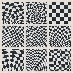 Collection distorted black and white checkered template.