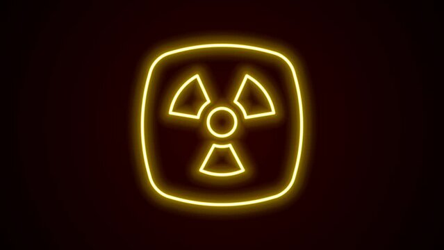 Glowing neon line Radioactive icon isolated on black background. Radioactive toxic symbol. Radiation hazard sign. 4K Video motion graphic animation